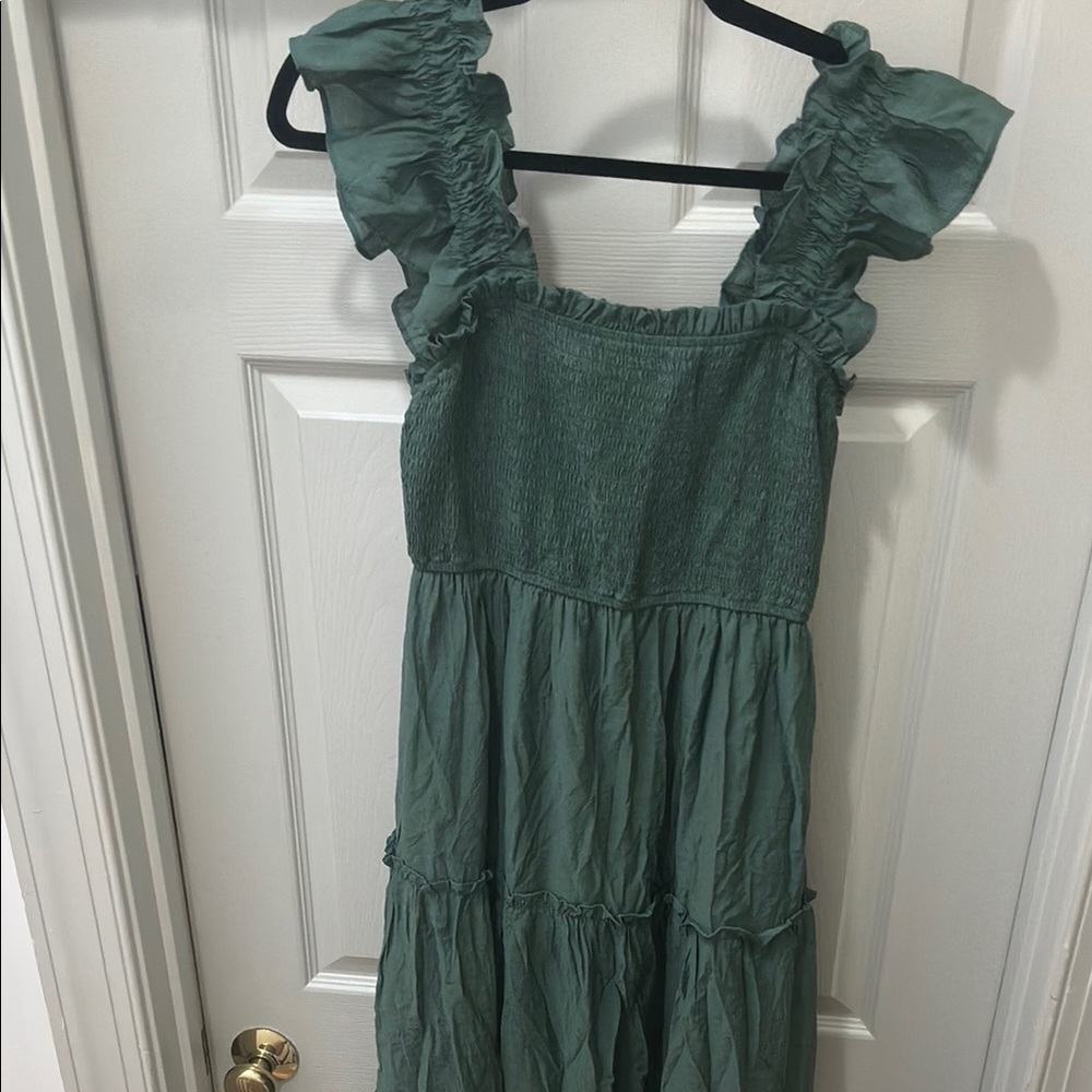 August sky green Smocked Ruffled Midi dress